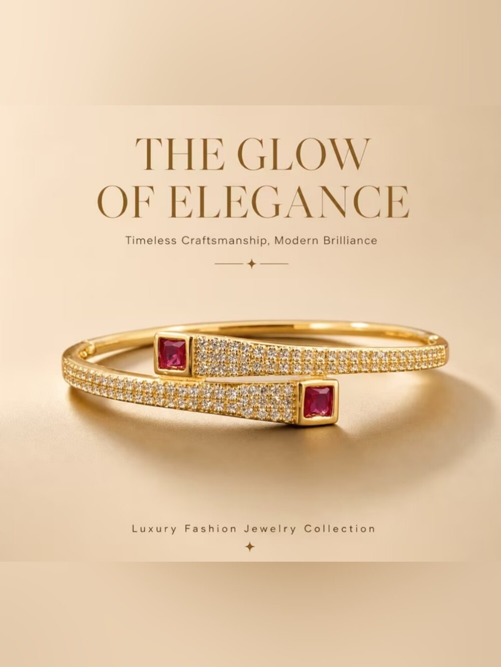 Stunning Simulated pave Diamond & Ruby bangle bracelet, 14k YG plating